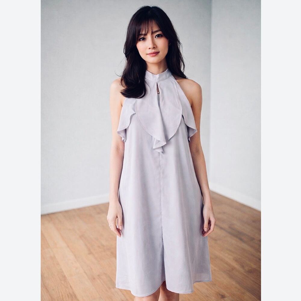 Halter cocktail dress shift ruffle high neck romantic women medium wedding guest